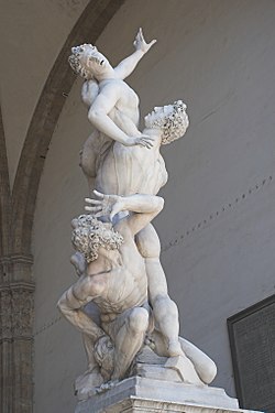 Abduction of a Sabine Woman (or The Rape of the Sabine)
The Abduction of a Sabine Woman was made from a single block of white marble, which became the largest block ever transported to Florence. Giambologna wanted to create a composition with the figura serpentina (S-curve) and an upward snakelike spiral movement. It was conceived without a dominant viewpoint; that is, the work gives a different view depending on which angle it is seen from.