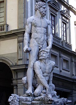 Here, the demi-god Hercules, who killed the fire-belching monster Cacus during his tenth labor for stealing cattle, is the symbol of physical strength, which juxtaposed nicely with David as a symbol of spiritual strength, both symbols desired by the Medici.