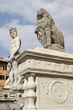 The Marzocco is the heraldic lion that is a symbol of Florence, and was apparently the first piece of public secular sculpture commissioned by the Republic of Florence, in the late 14th century.